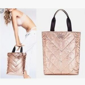 Victoria's Secret Rose Gold Metallic Quilted Double Handle Book Device Tote Bag